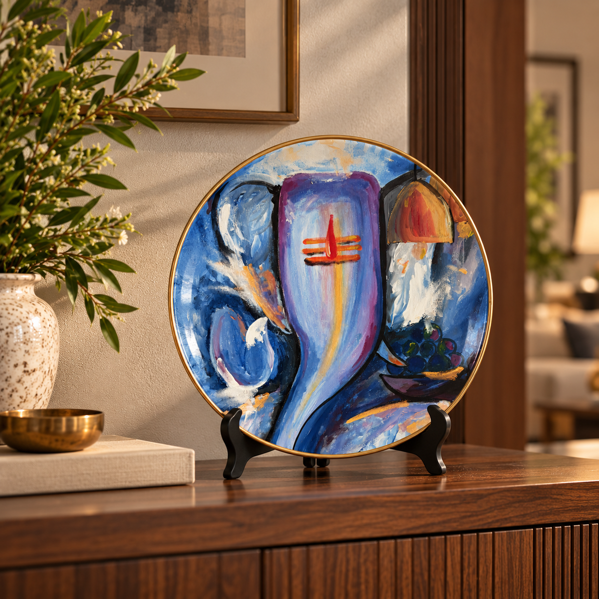 Hand-Painted Ceramic Plate on tabletop stand — artwork by Pranav Aggarwal