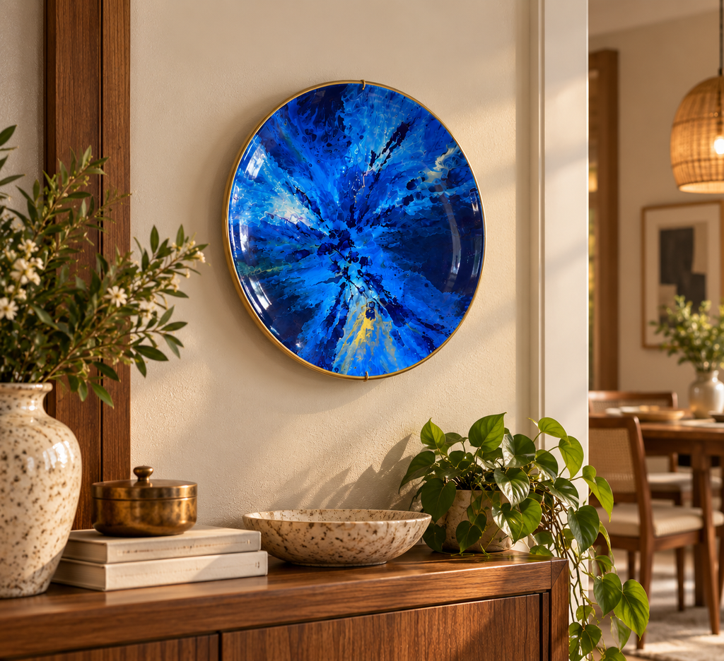 Blue Abstract Ceramic Plate displayed on wall in living room setting
