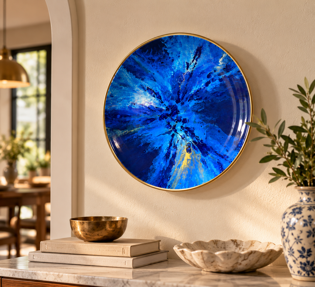 Blue Abstract Ceramic Plate on wall in warm interior — Pranav Aggarwal