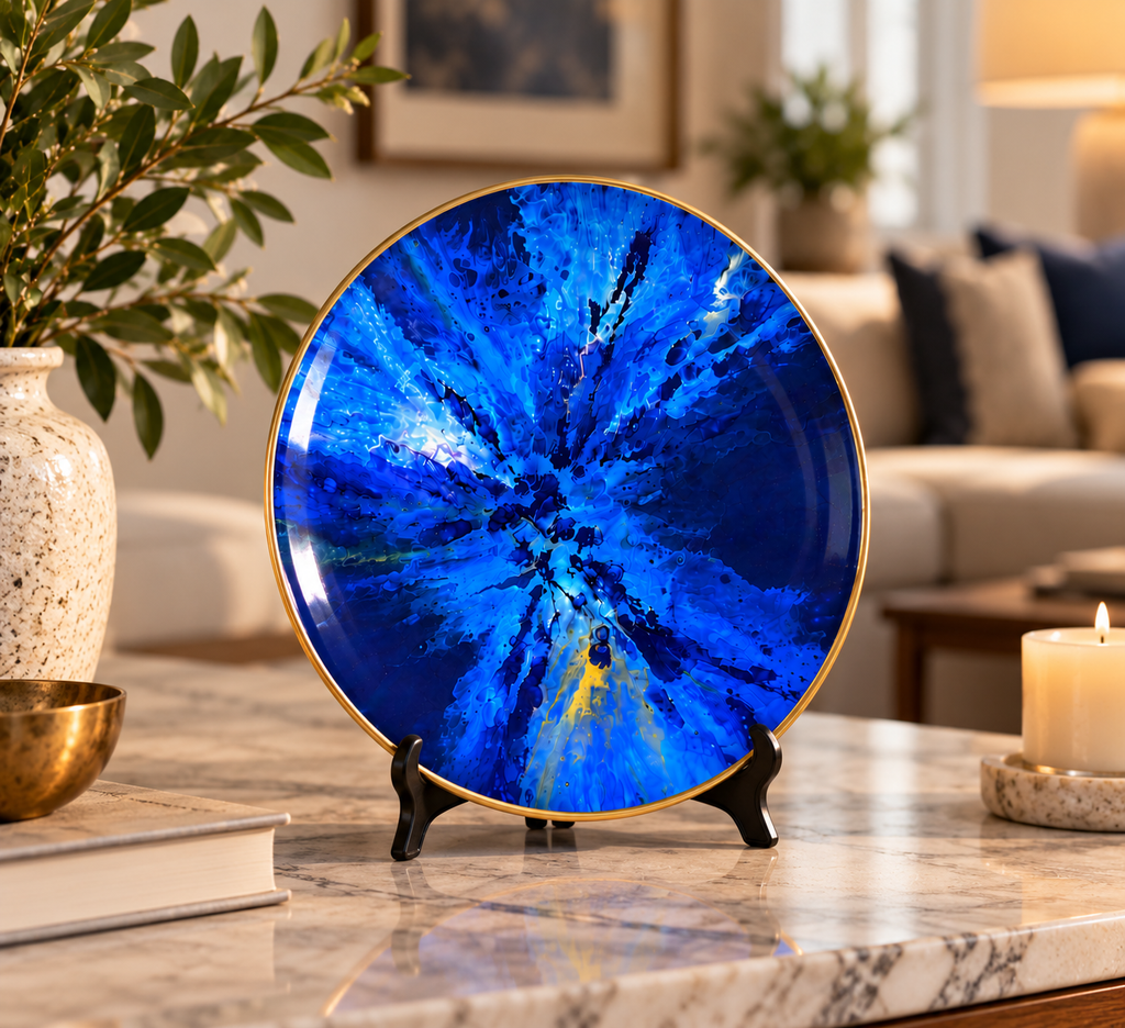 Blue Abstract Ceramic Plate on tabletop stand — artwork by Pranav Aggarwal