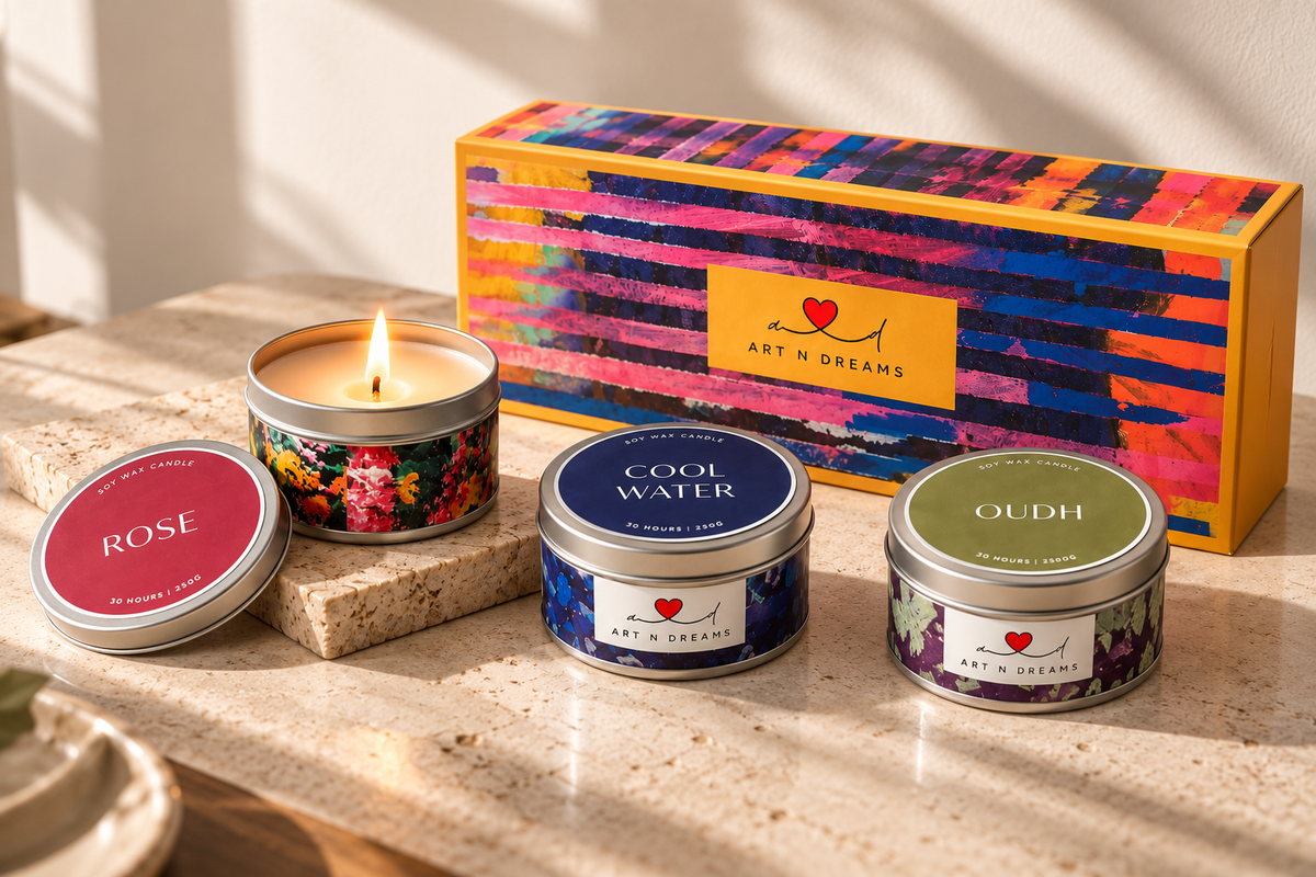 Art N Dreams Soy Wax Candle Set of 3 — Rose, Cool Water and Oudh in premium gift box