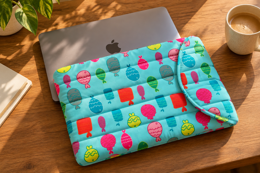 Print No. 2 Teal Fish Laptop Sleeve – lifestyle with MacBook