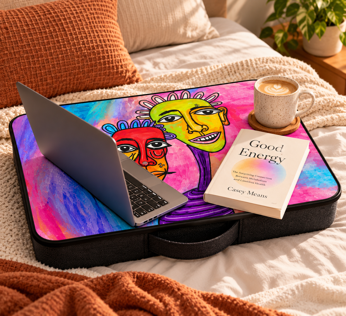 Laptop Table Varun Naren Edition on bed with laptop, book, and coffee