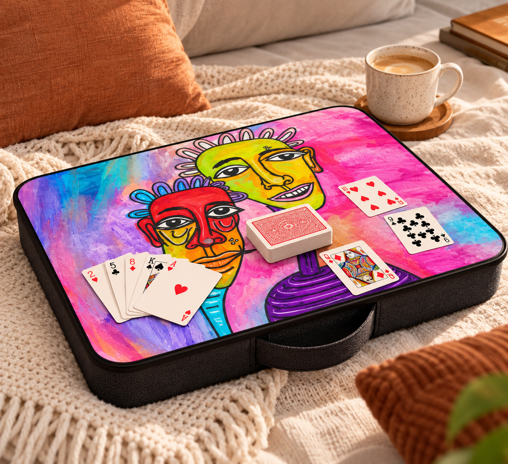 Laptop Table Varun Naren Edition used as game tray for cards on sofa