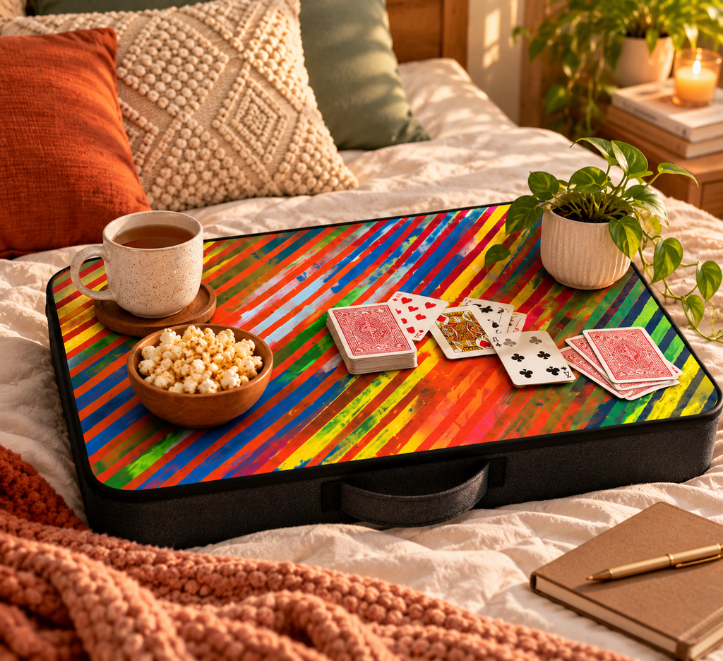 Colourplay Lap Table used as game tray with cards, popcorn, and tea on bed