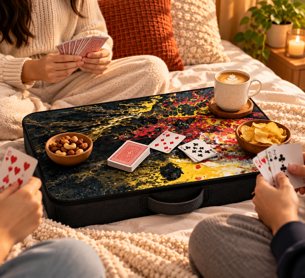 Beyond the Canvas Lap Table used as card game tray on bed with coffee