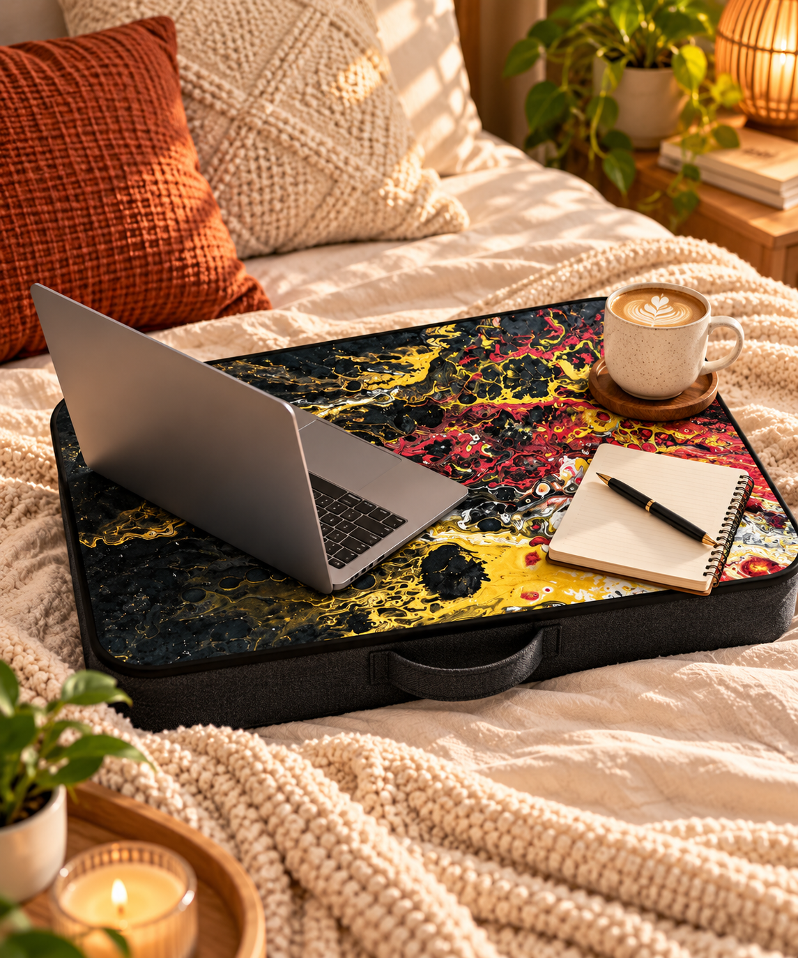 Beyond the Canvas Lap Table on bed with laptop, notebook, and coffee
