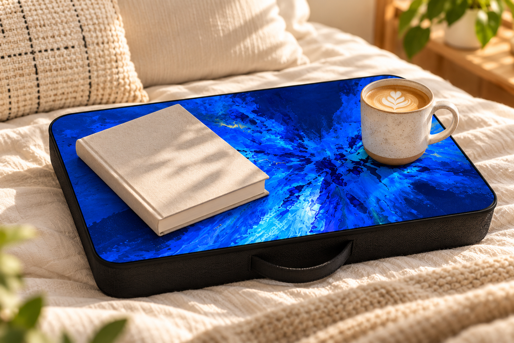 The Blue Harmony Laptop Table on bed with book and coffee