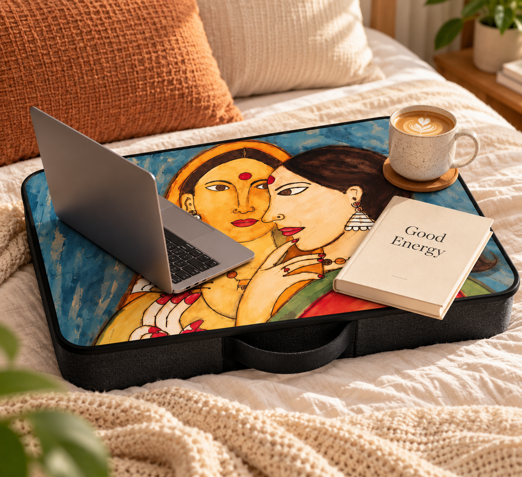 Heritage Embrace Lap Table on bed with laptop, book, and coffee