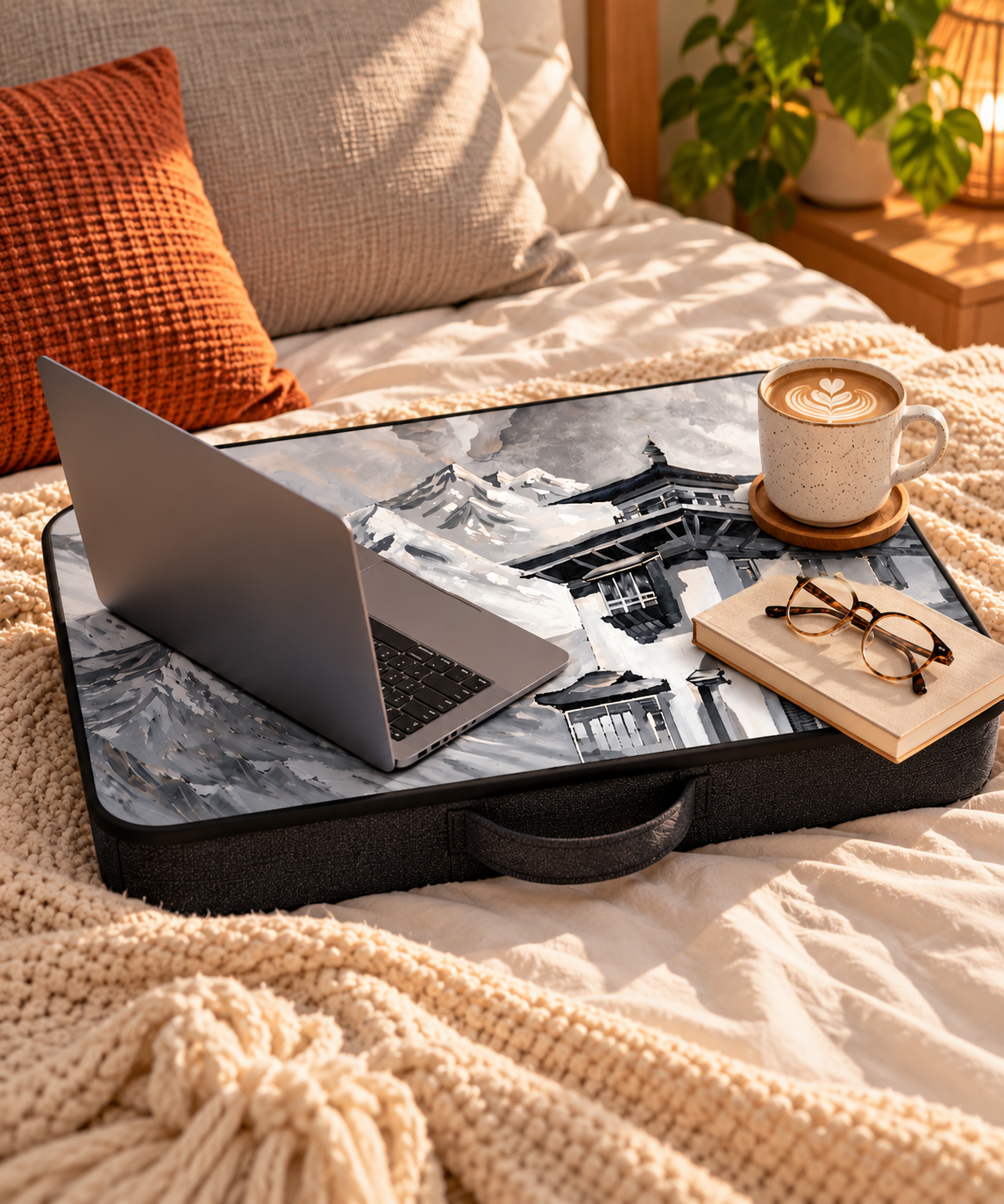 Mountain Retreat Lap Table on bed with laptop, book, and coffee