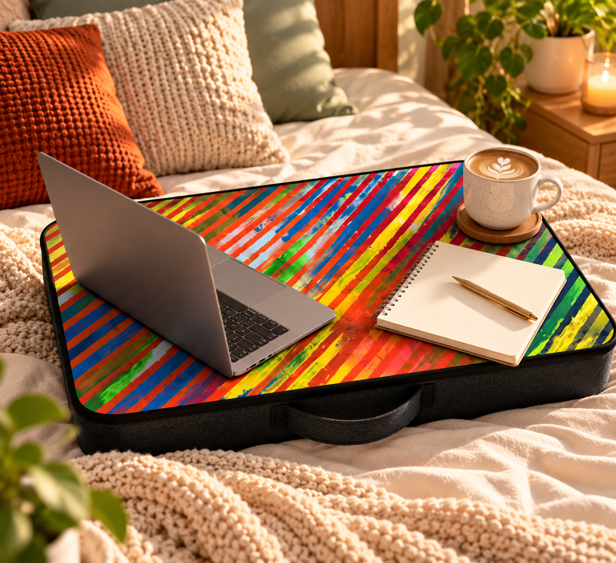 Colourplay Lap Table on bed with laptop, notebook, and coffee