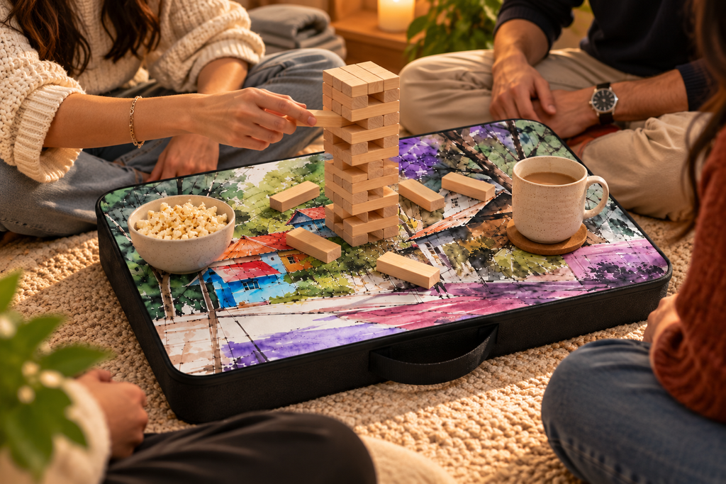 Beyond the Lane Laptop Table used as game tray during Jenga night