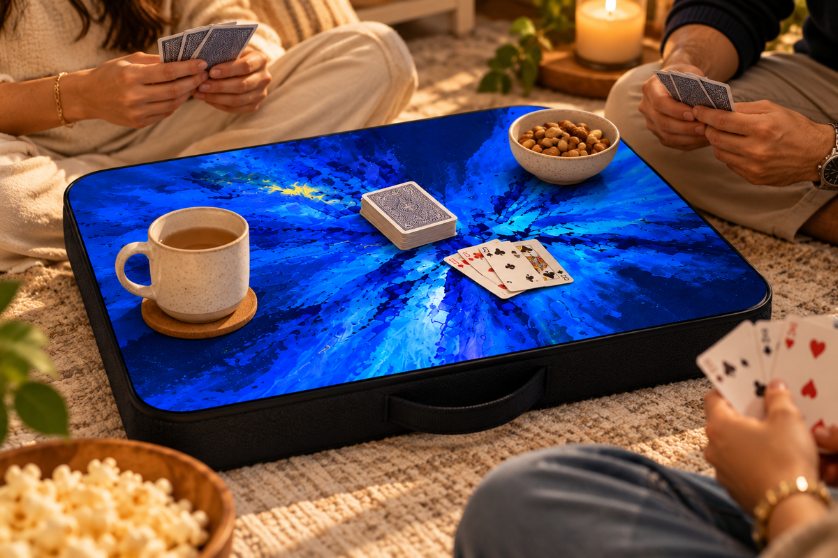 The Blue Harmony Laptop Table used as game tray during card night