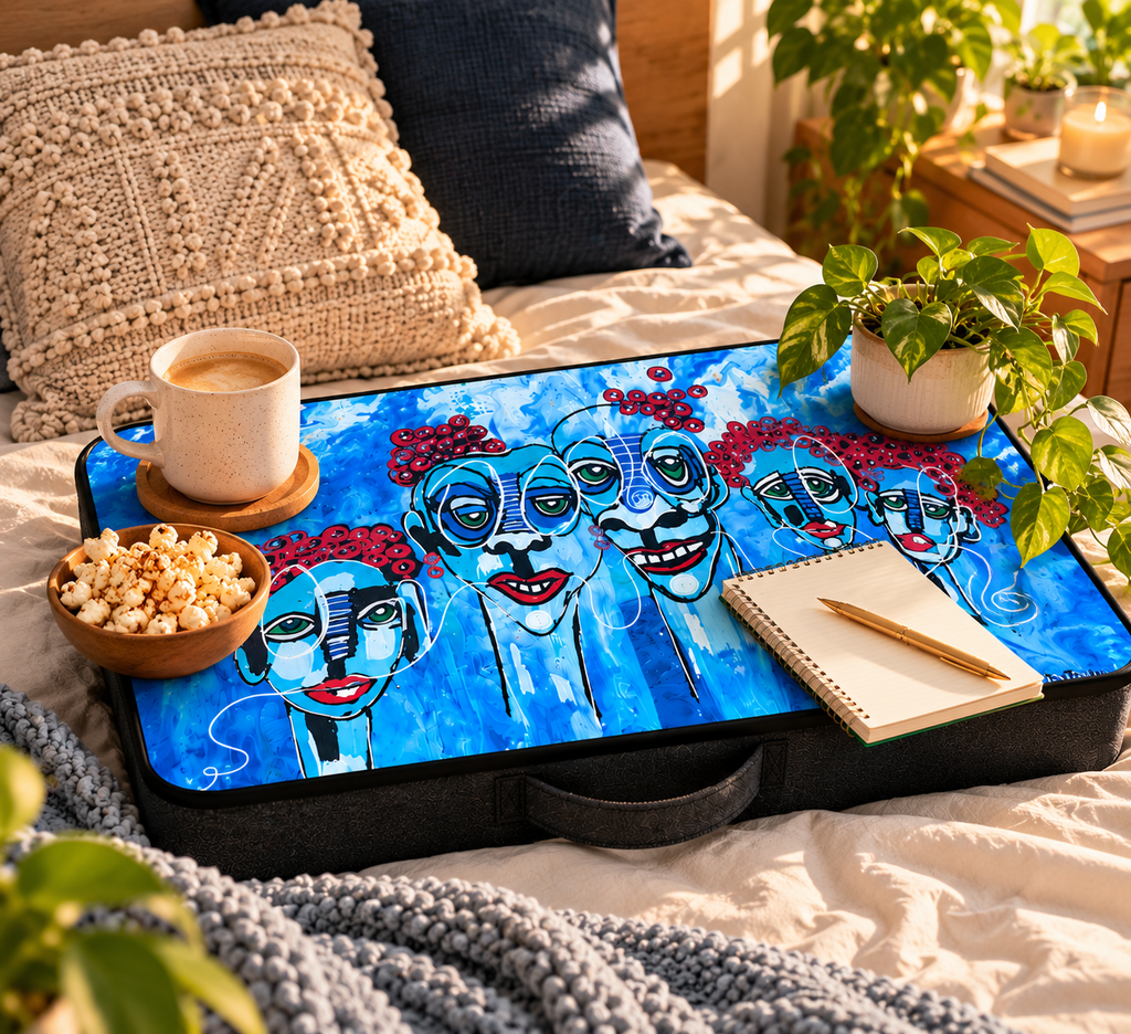 Faces of Joy Lap Table on bed with coffee, popcorn, notebook, and plant