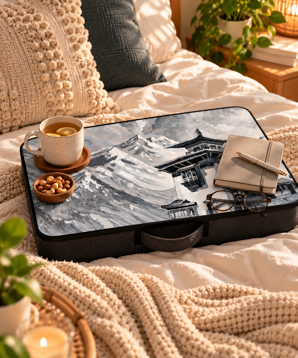 Mountain Retreat Lap Table on bed with tea, snacks, and journal