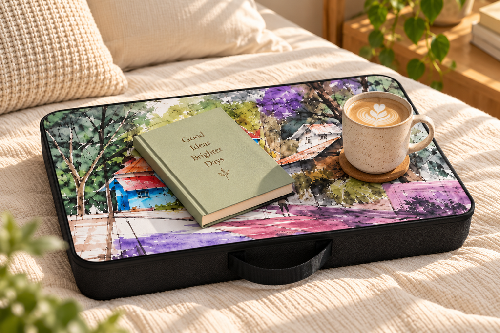 Beyond the Lane Laptop Table on bed with book and coffee