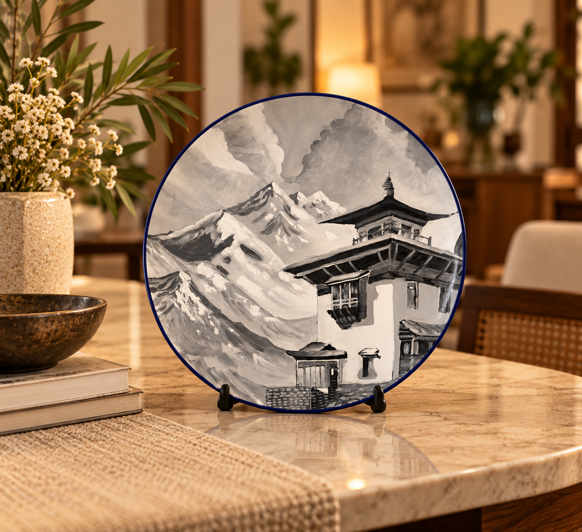 Mountain Serenity ceramic art plate on table stand — Aarush Gupta