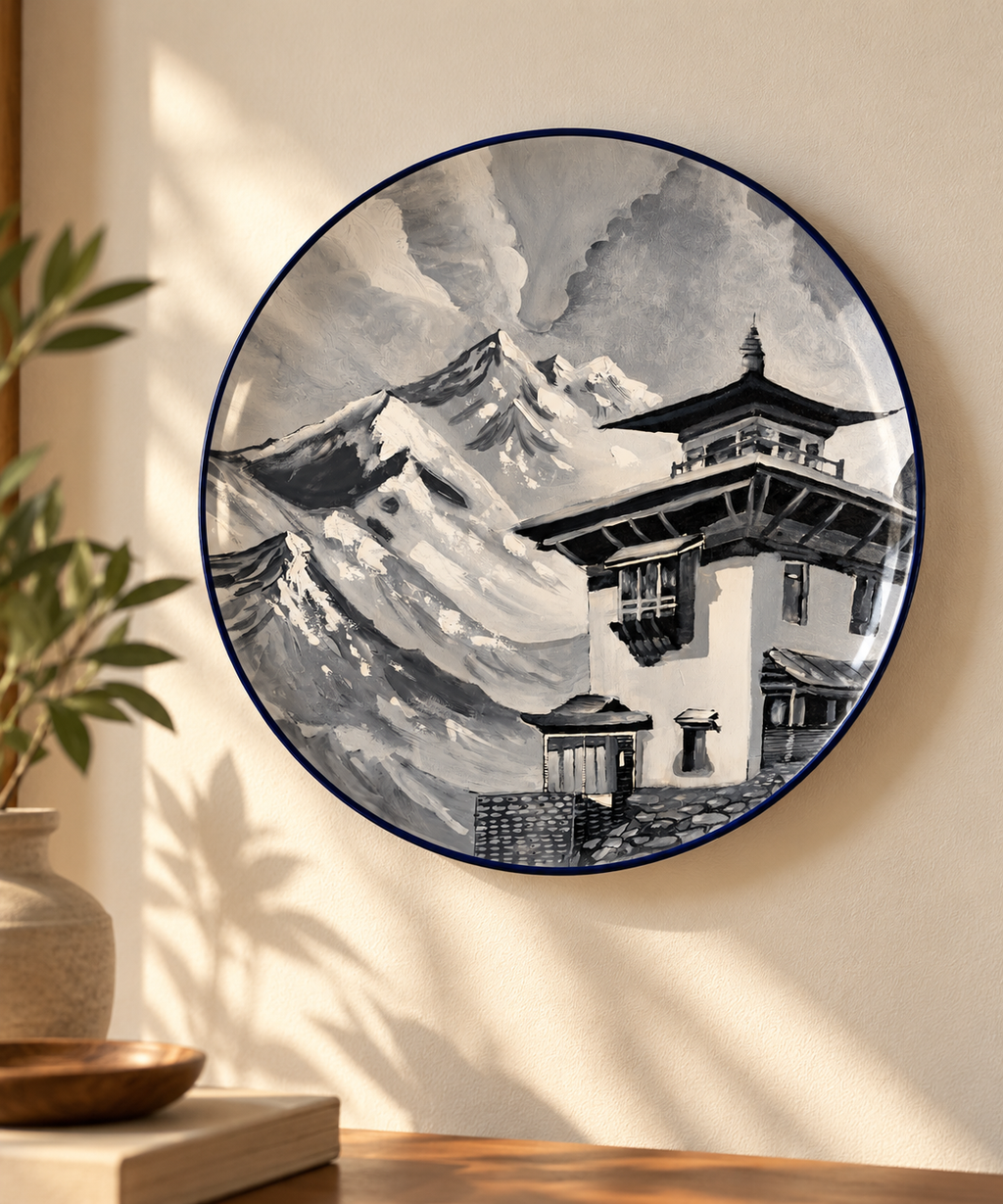 Mountain Serenity ceramic art plate in sunlit room setting — Aarush Gupta