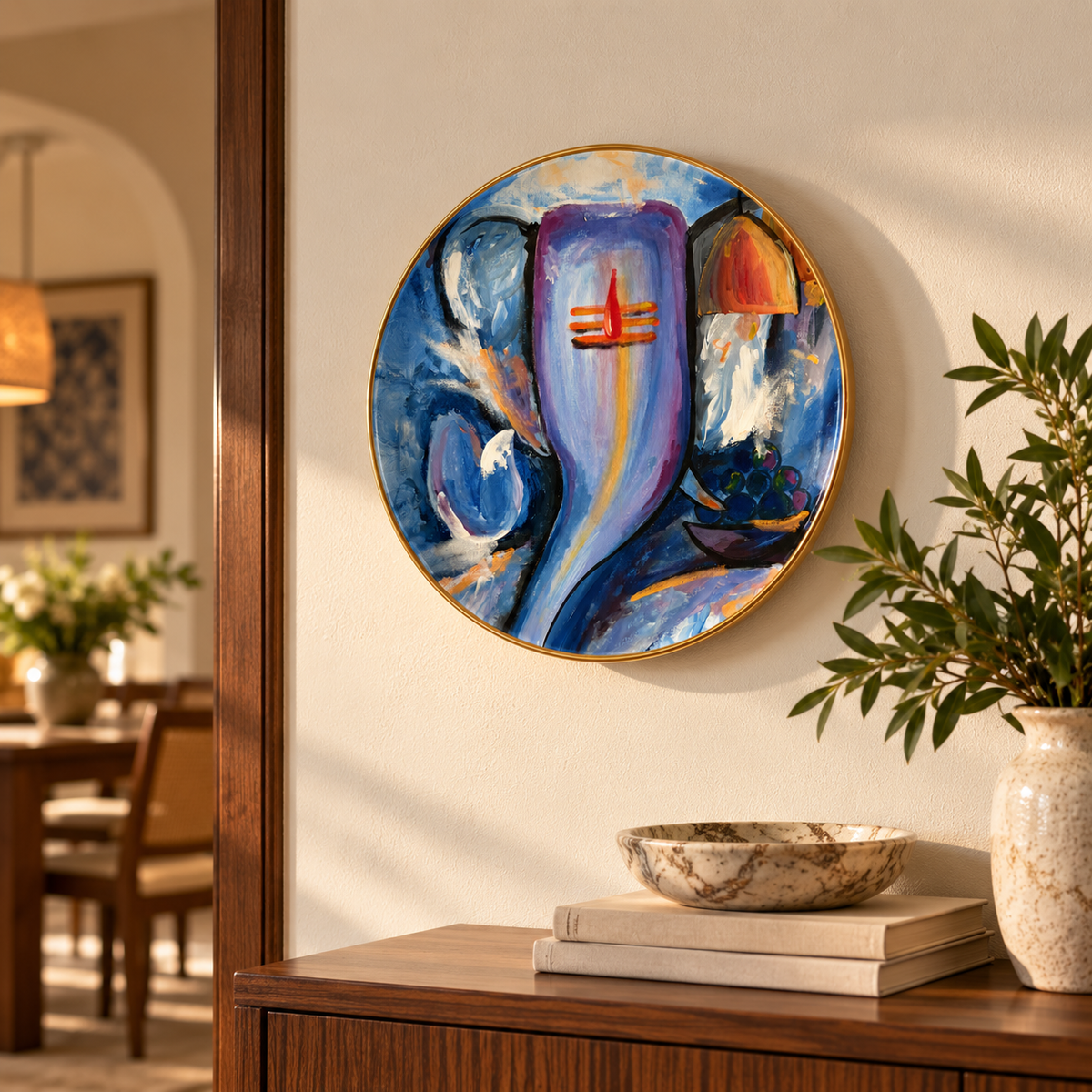 Hand-Painted Ceramic Plate displayed in warm minimalist hallway — Pranav Aggarwal