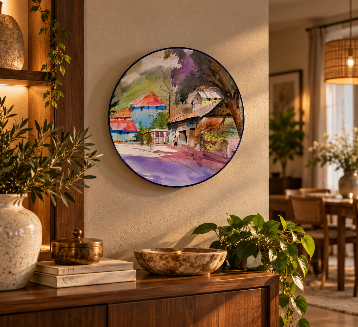 Artndreams Heritage Village ceramic plate in warm rustic entryway setting