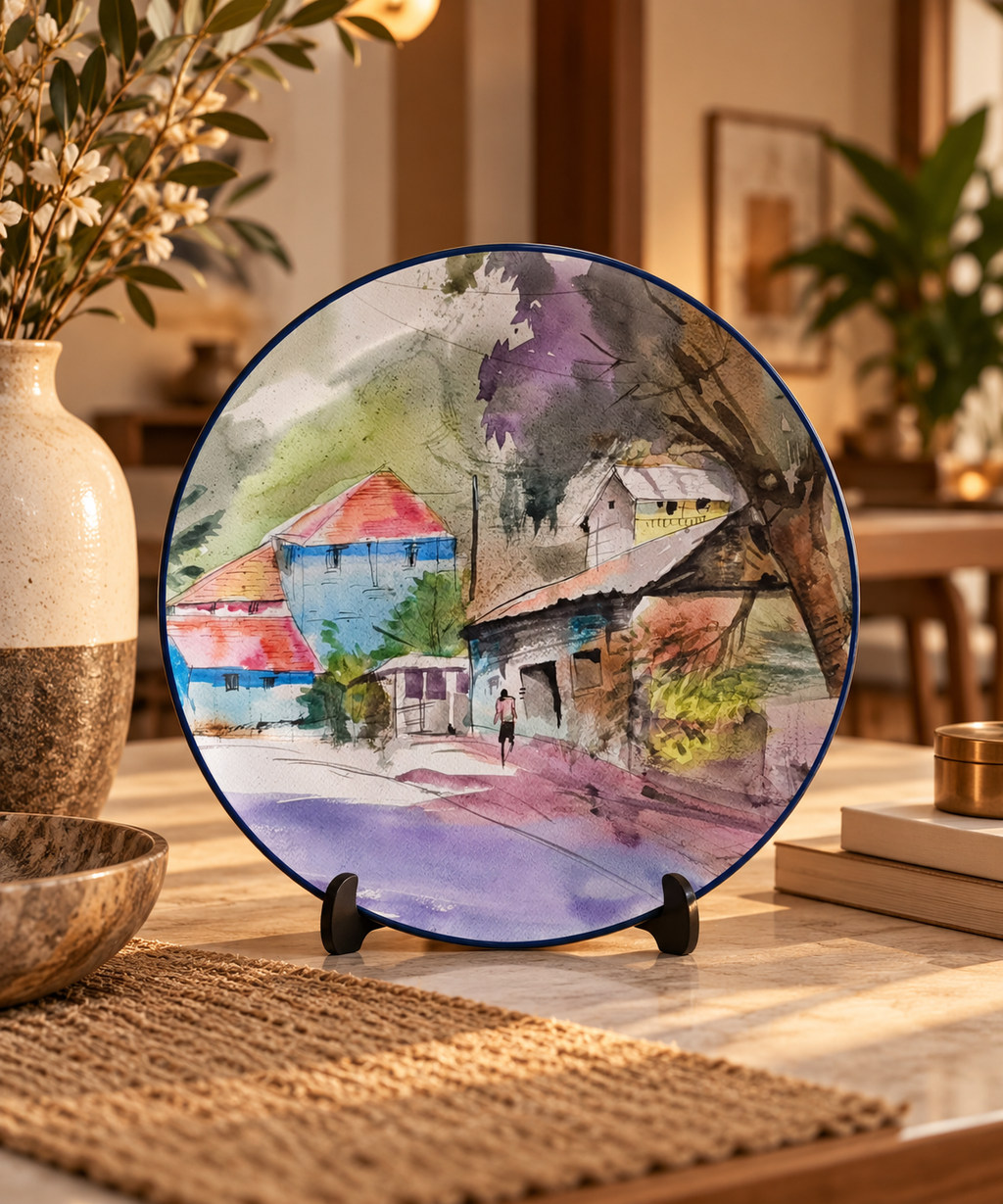 Artndreams Heritage Village ceramic plate on tabletop stand display