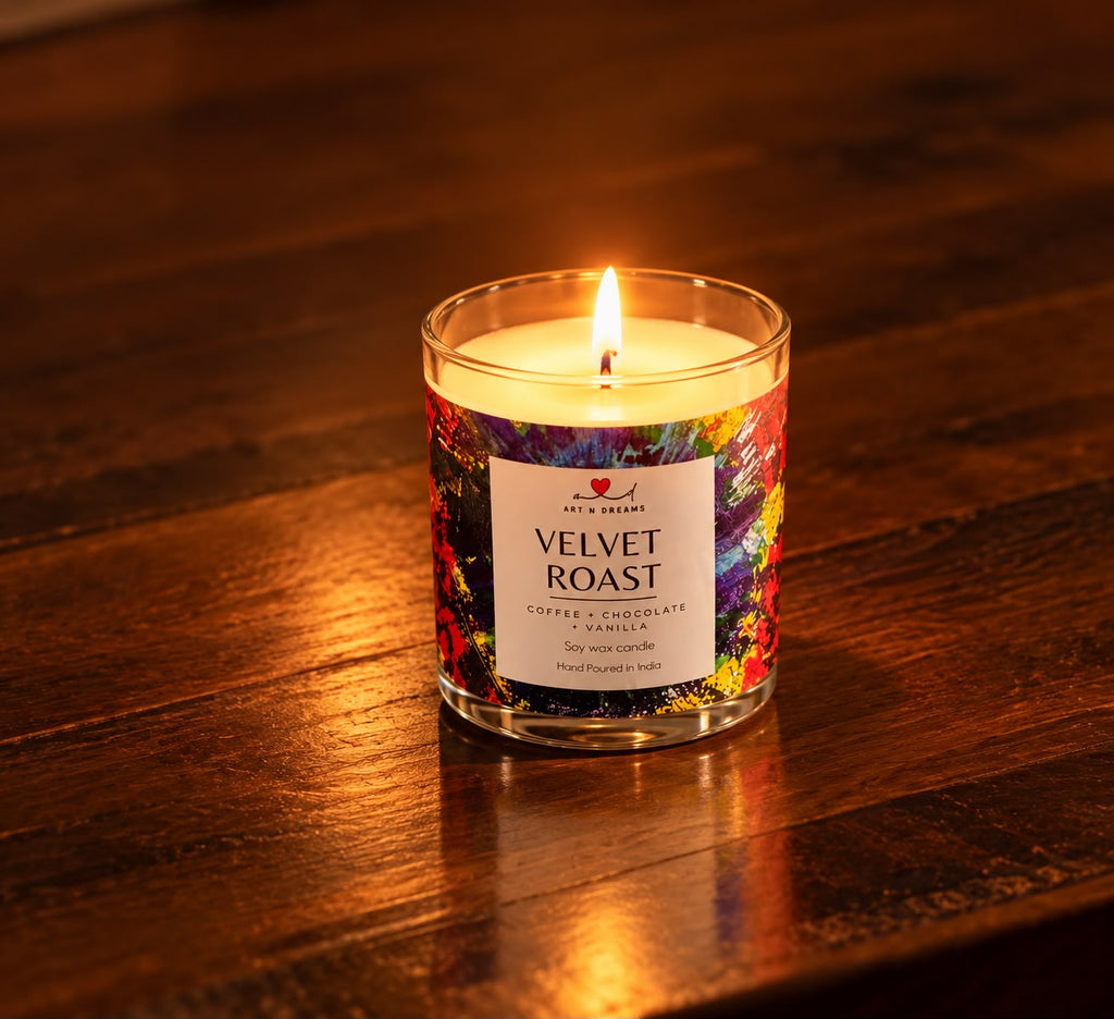 Velvet Roast candle warm glow on wooden table
