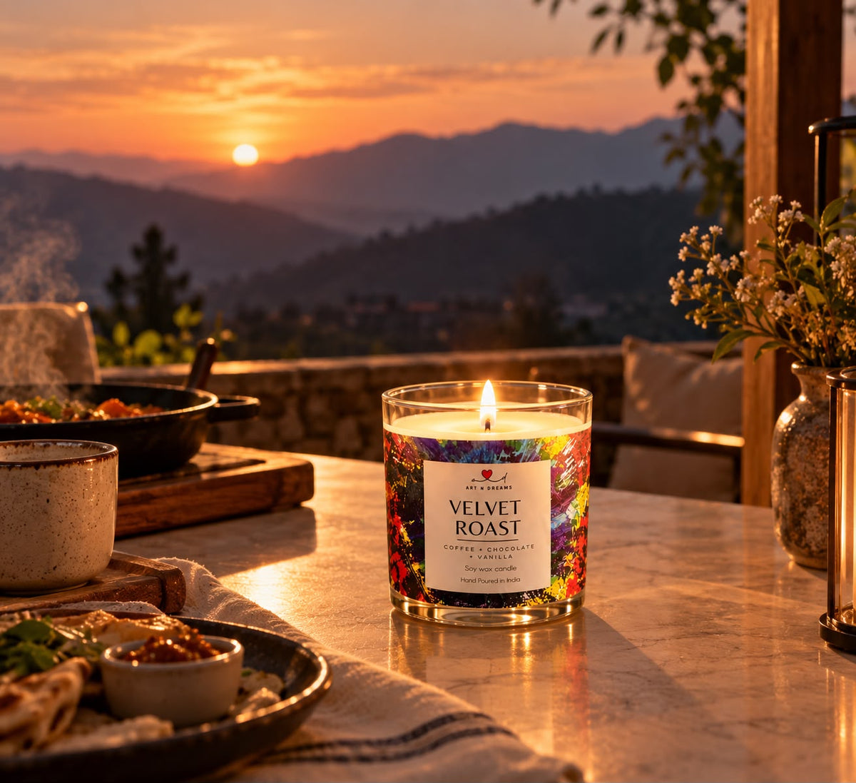 Velvet Roast candle at sunset on terrace dining table