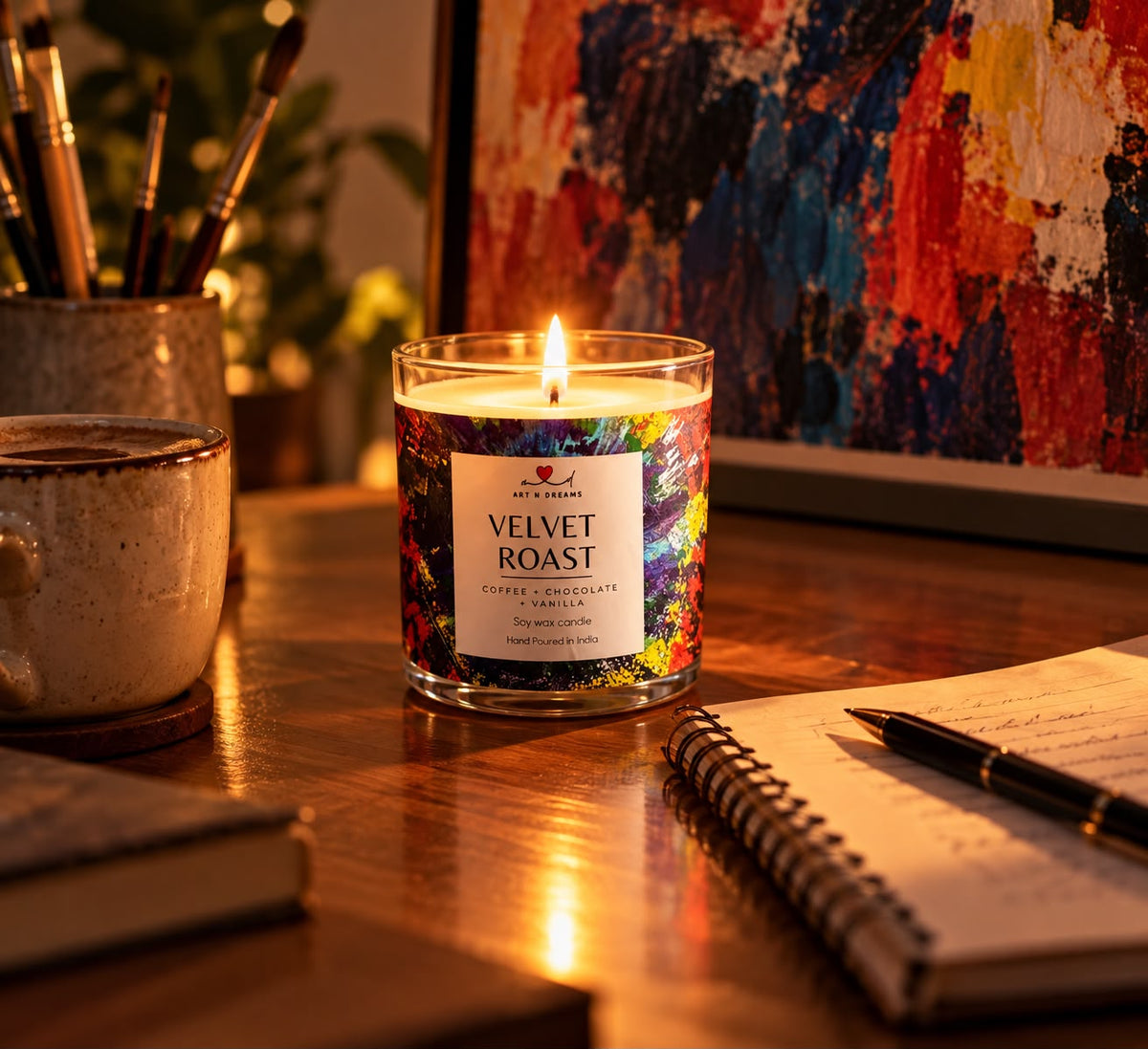 Velvet Roast candle glowing on artist desk with paint brushes