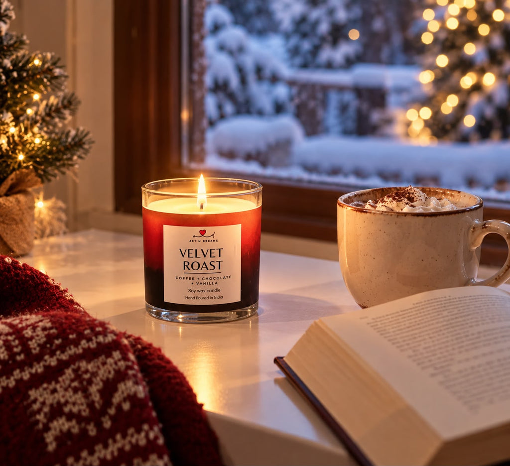 Velvet Roast candle at an evening gathering on a marble table