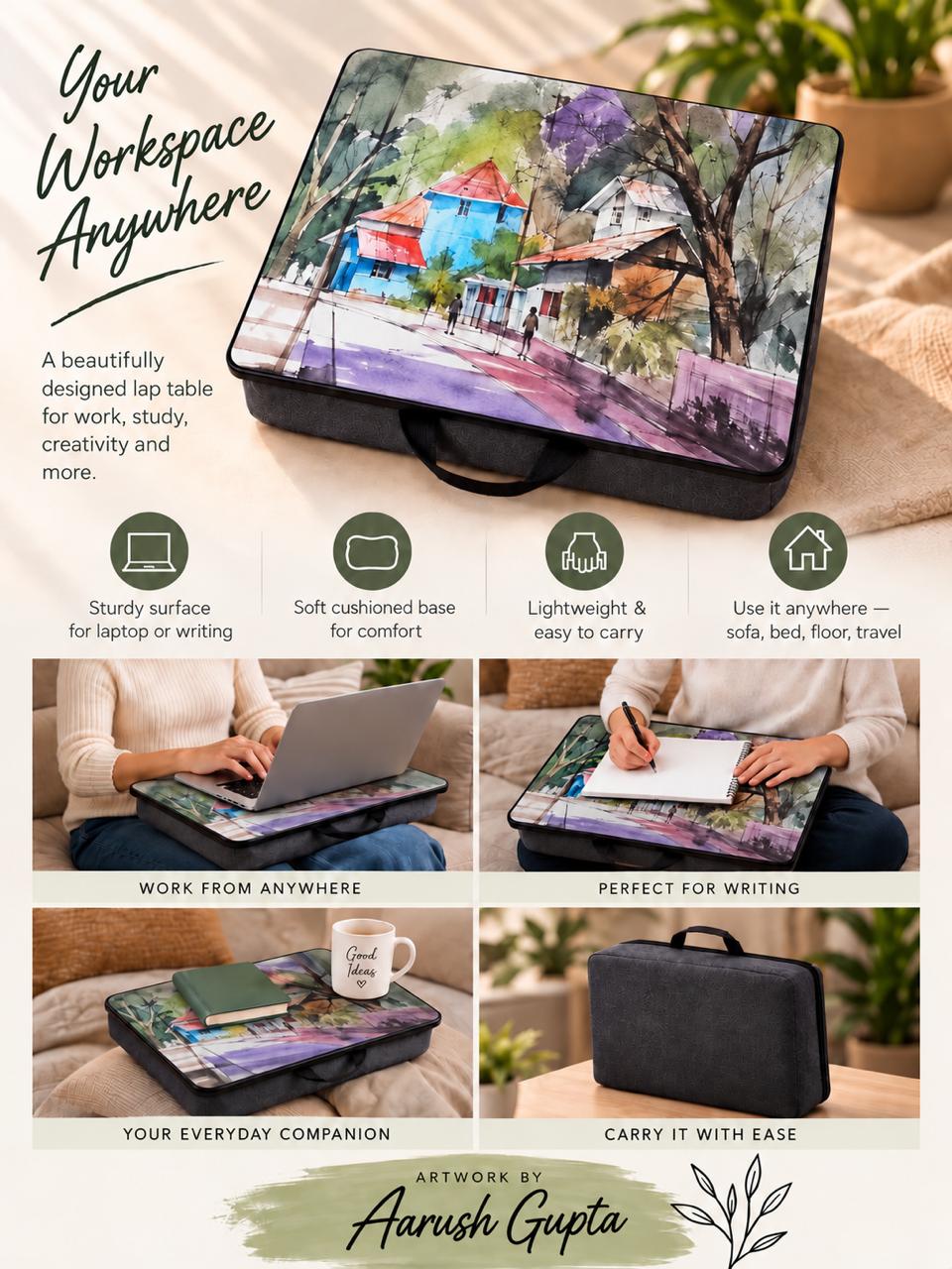 Beyond the Lane Laptop Table — features infographic, artwork by Aarush Gupta