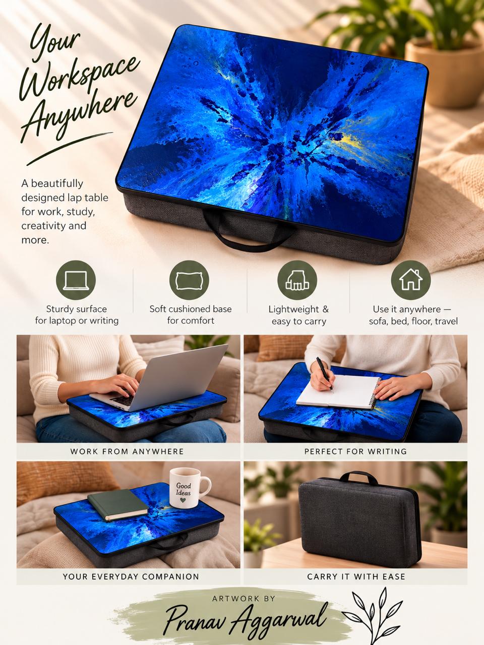 The Blue Harmony Laptop Table — infographic showing features, artwork by Pranav Aggarwal