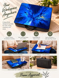 The Blue Harmony Laptop Table — infographic showing features, artwork by Pranav Aggarwal