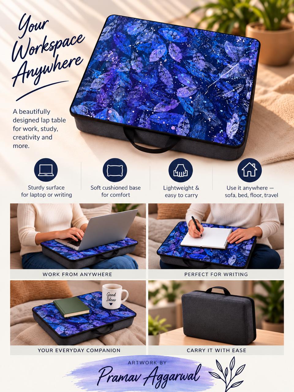 Beyond the Lane Laptop Table Travel Edition — features infographic, artwork by Pranav Aggarwal