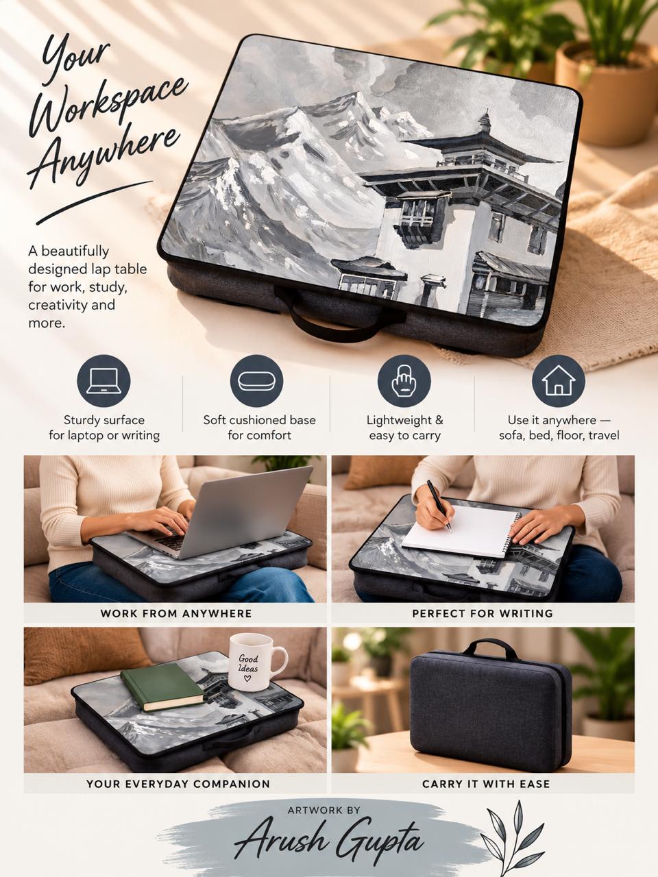 Mountain Retreat Lap Table — features infographic, artwork by Arush Gupta