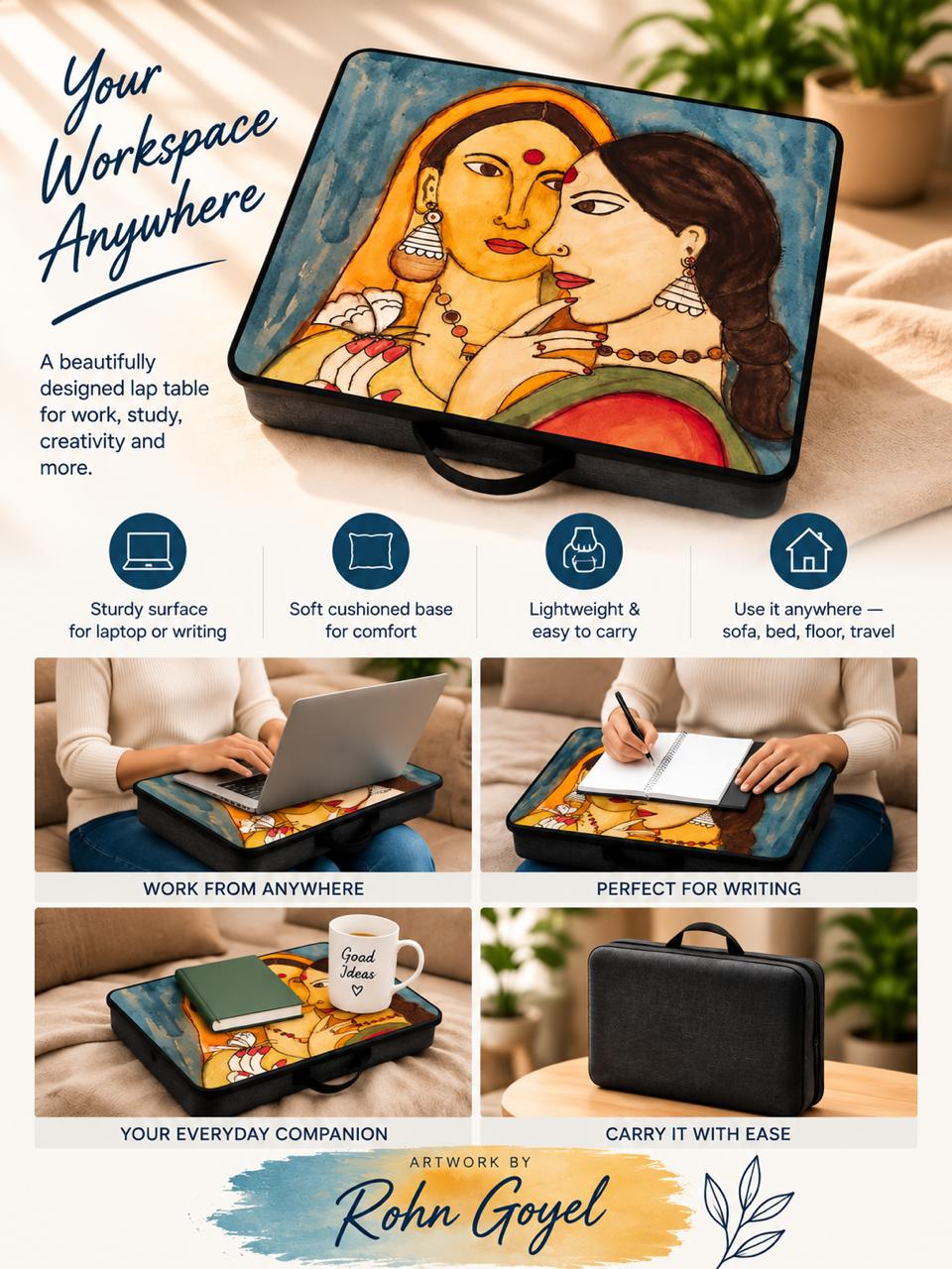 Heritage Embrace Lap Table — features infographic, artwork by Rohn Goyel