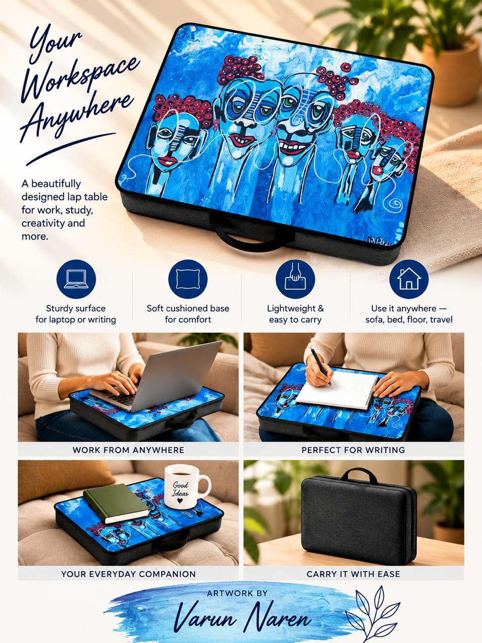 Faces of Joy Lap Table — features infographic, artwork by Varun Naren